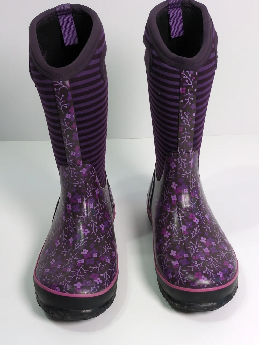 Bogs Waterproof Winter Rain Boots Purple Floral Striped Youth 6 / EUR 39